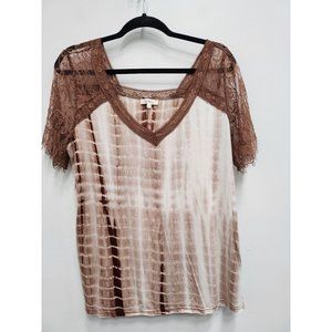 La Miel Womens BOHO Top Size Medium Brown Tie Dye Short Lace Sleeve V-Neck Tee